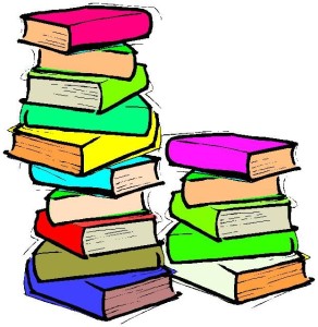 Colorful cartoon stacks of books, symbolizing learning, reading, and education.