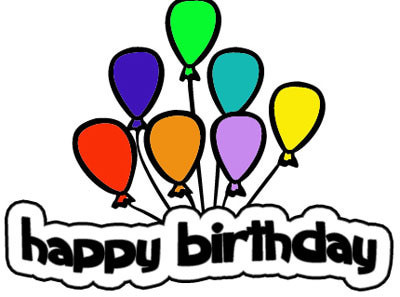 Colorful birthday balloons with "happy birthday" text in playful font.