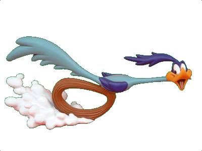 Road Runner cartoon character speeding with dust trail and signature "beep beep" expression.