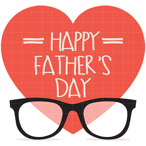 Red heart with "Happy Father's Day" text and black-rimmed glasses below, grid background.