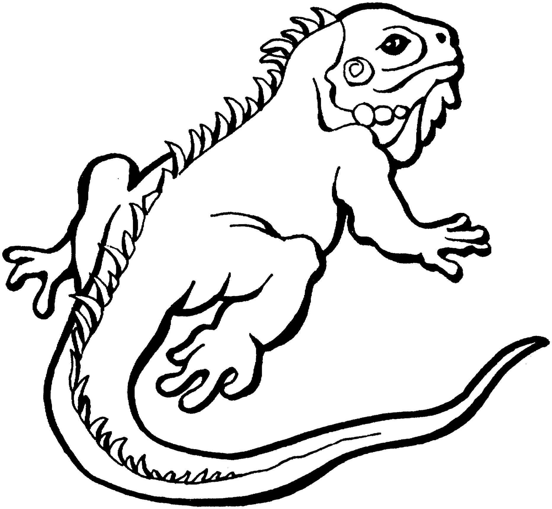 Black-and-white line drawing of a stylized iguana with spiky dorsal crest, open mouth, and detailed limbs and tail.