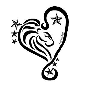 Stylized lion head inside a heart outline, surrounded by stars, in black-and-white line art.