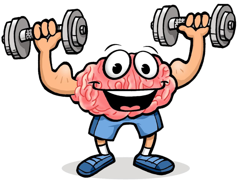 A cartoon brain with arms and legs lifting dumbbells, smiling confidently in workout attire.