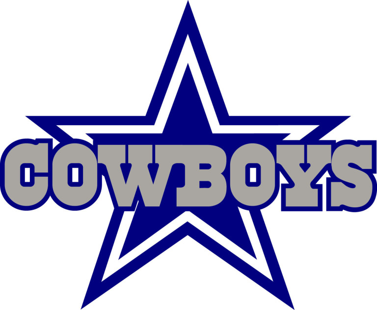 Dallas Cowboys logo featuring a blue star with "COWBOYS" in gray text across the center.