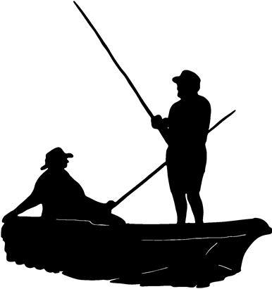 Silhouette of two people fishing from a small boat, one standing with a pole, the other seated rowing.