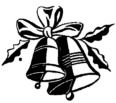 Two classic Christmas bells tied with a ribbon and adorned with holly leaves in black-and-white illustration style.