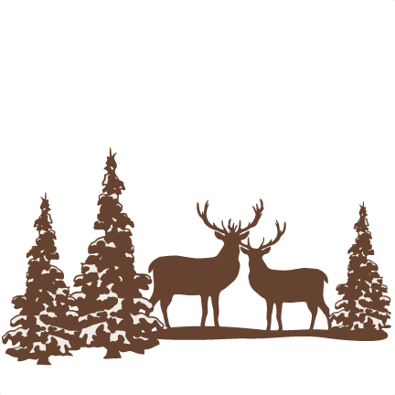 Silhouette of two deer standing among snow-dusted pine trees in a winter forest scene.