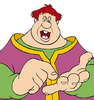 Animated cartoon character with red hair, purple robe, and expressive pointing gesture.