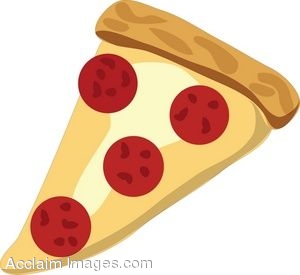 A cartoon-style slice of pepperoni pizza with a golden crust and four red pepperoni slices on melted cheese.