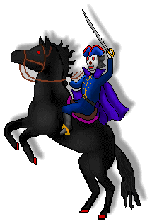 A jester-clad rider in purple and blue wields a sword while mounted on a rearing black horse with red hooves and glowing eyes.