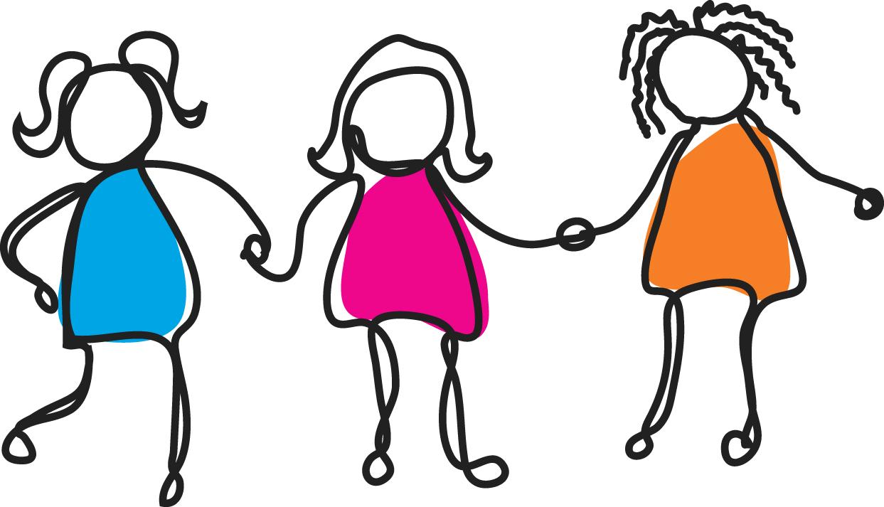 Three diverse stick-figure girls holding hands in blue, pink, and orange dresses, symbolizing friendship and inclusion.