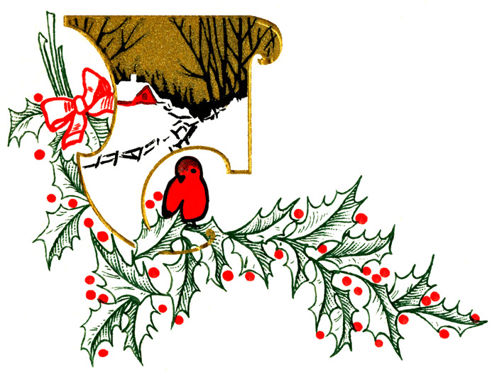 Classic Holiday Illustration: Holly, Robin & Snowy Scene