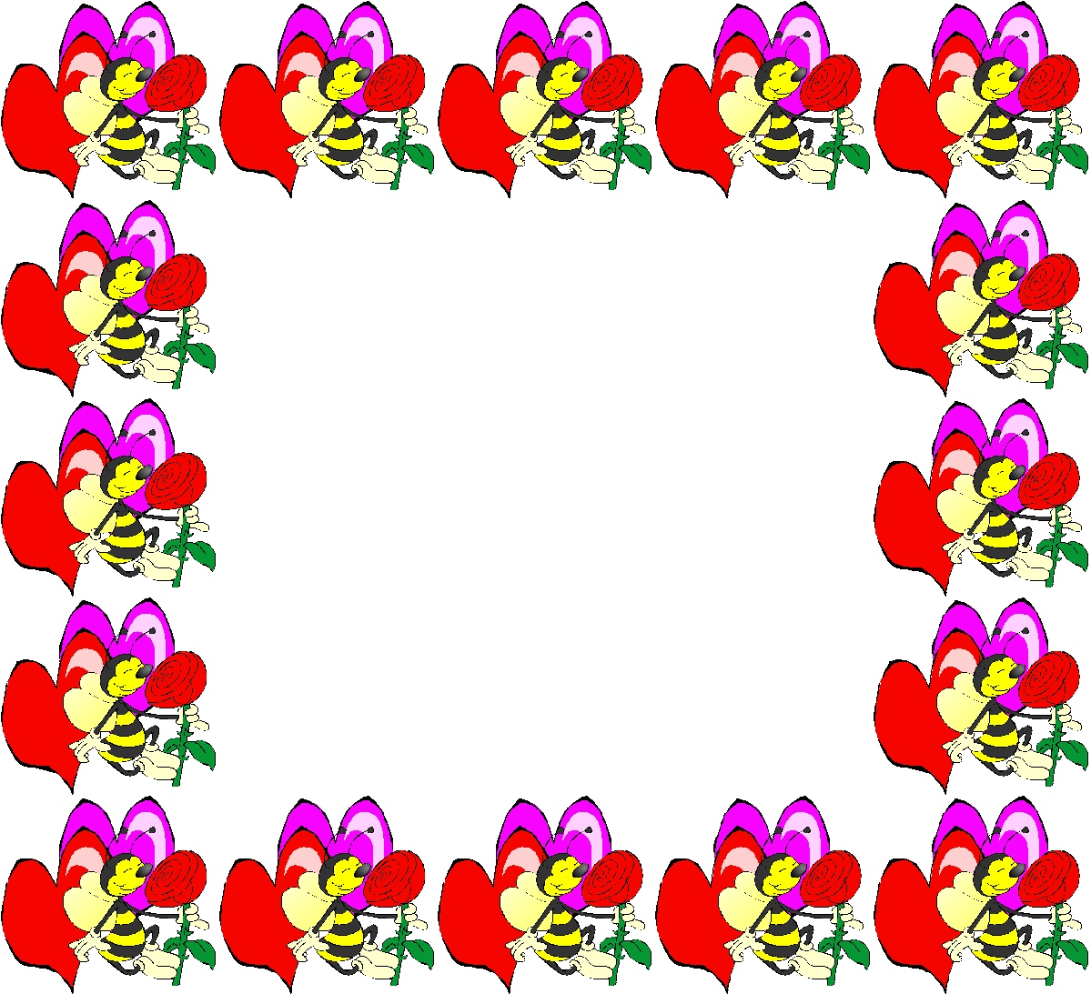 Cartoon bee holding red rose with heart-shaped wings, arranged in decorative border frame.