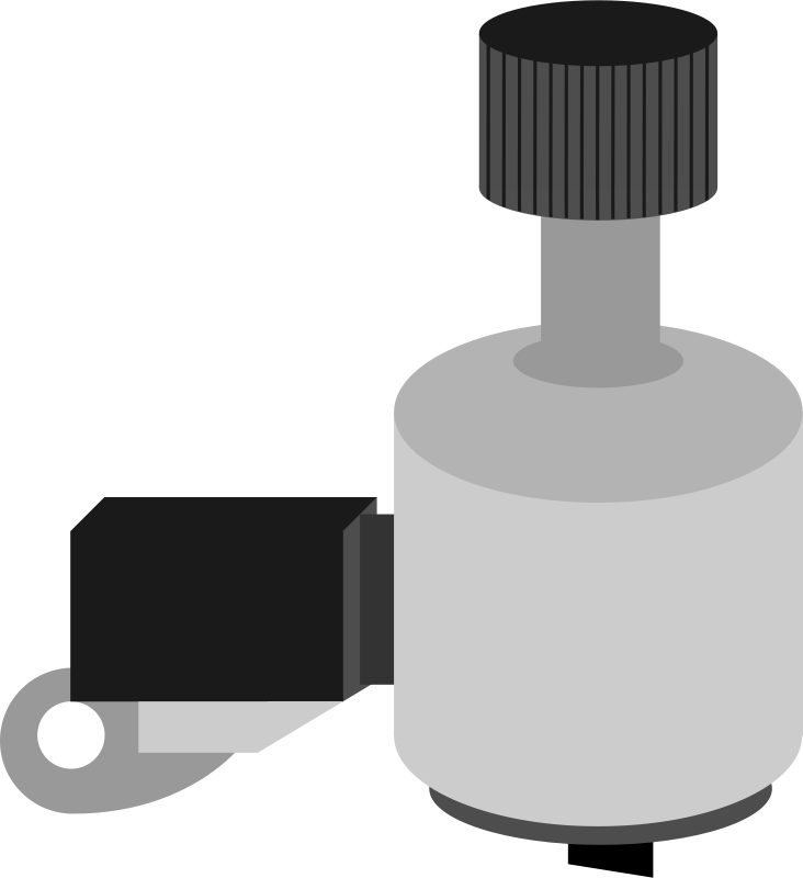 Stylized grayscale illustration of a bottle with ribbed cap and attached rectangular component with circular detail.