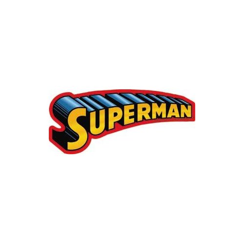 Classic Superman logo with bold yellow text, red outline, and blue striped "S" shield.