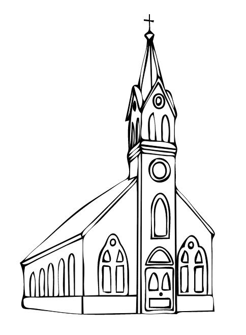 Black-and-white line drawing of a Gothic-style church with steeple, arched windows, and cross.