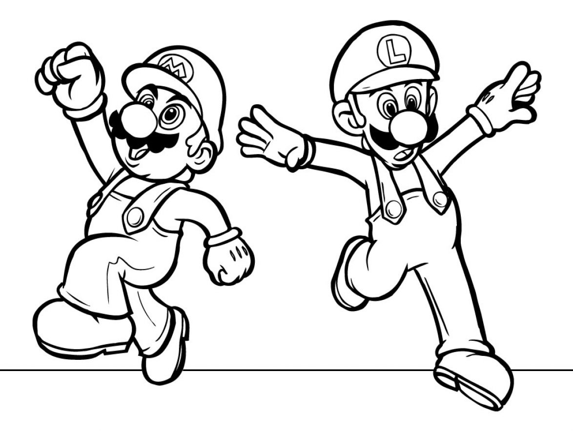 Mario and Luigi in dynamic running poses, black-and-white line art coloring page style.