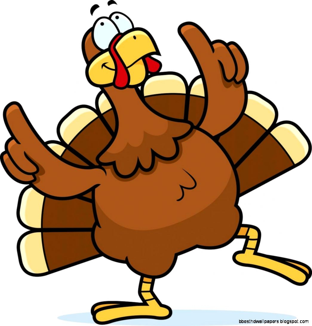 Cheerful cartoon turkey dancing with raised wings and expressive eyes, brown feathers, yellow beak and feet.