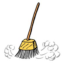 A cartoon-style broom with a wooden handle and yellow bristles sweeping up dust clouds.