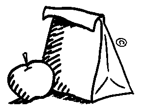 A simple black-and-white sketch of a paper lunch bag beside a whole apple, suggesting a healthy packed meal.