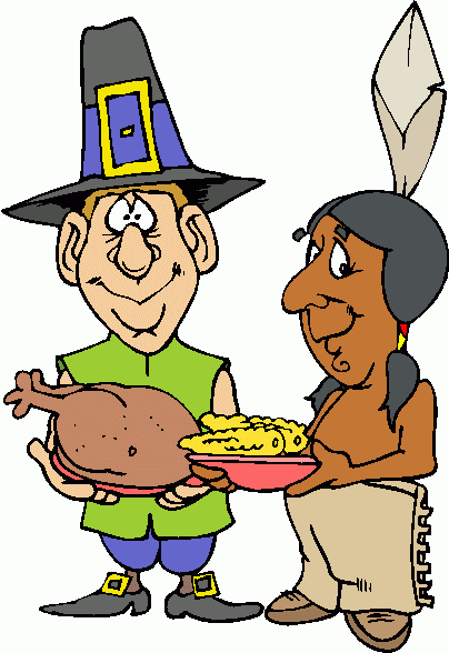 Cartoon pilgrim and Native American sharing Thanksgiving meal with turkey and corn.