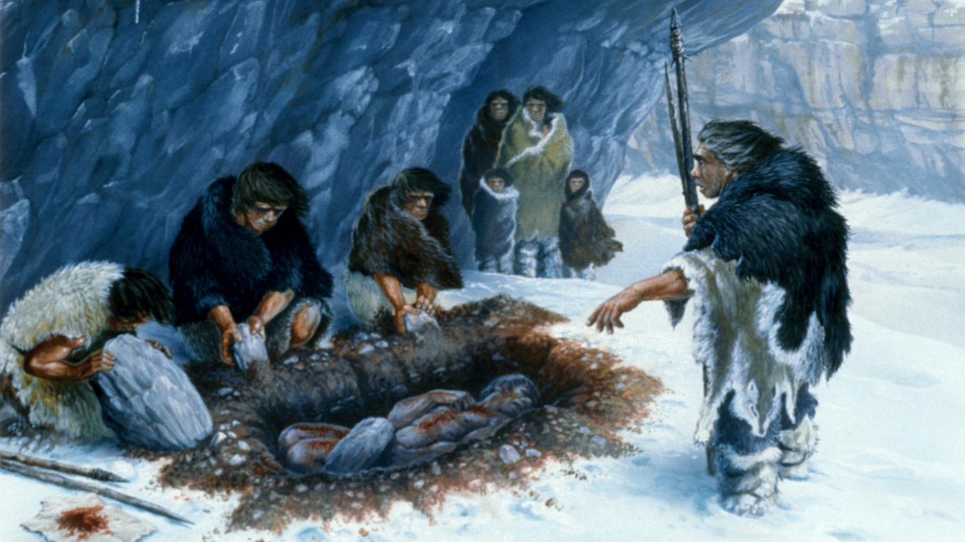 Ice Age Hunter-Gatherers in a Snowy Cave Scene