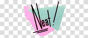 Stylized "Neat!" text in bold black font over overlapping pink and teal shapes on transparent background.