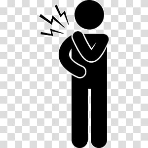 Black stick figure holding painful shoulder with lightning bolt symbols indicating acute pain.
