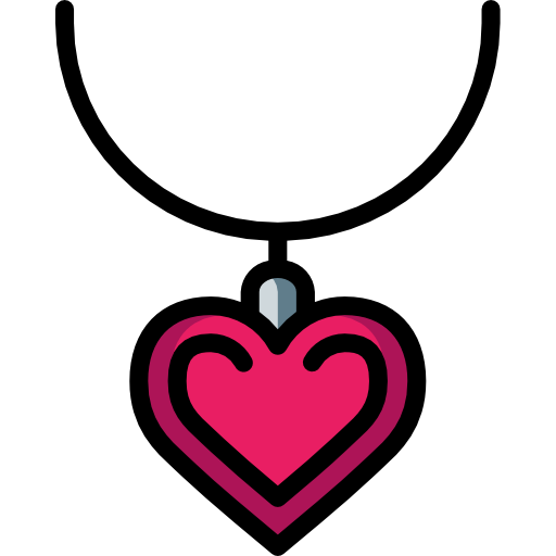 A vibrant pink heart-shaped pendant with black outline and silver bail, suspended on a necklace chain.
