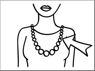 Line drawing of a woman wearing a beaded necklace with an arrow pointing to her shoulder.