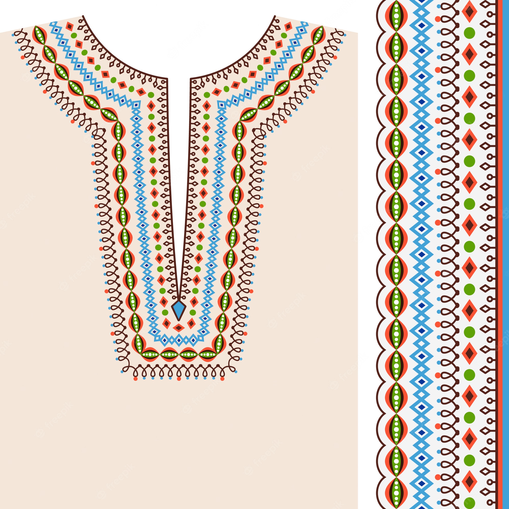 Traditional embroidered V-neck garment pattern with colorful geometric and floral motifs in brown, blue, green, orange, and red.