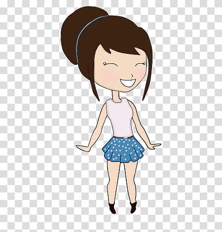 Smiling cartoon girl with brown hair in a bun, wearing a white top and blue polka-dot skirt.