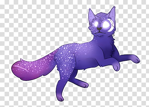 A stylized purple cosmic cat with starry fur, glowing white eyes, and a gradient tail leaping against a transparent background.