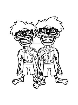 Two cartoon zombie twins with glasses, wide grins, and tattered shirts standing side by side.