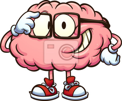 Cartoon brain character wearing glasses, sneakers, and gloves, smiling and adjusting spectacles.