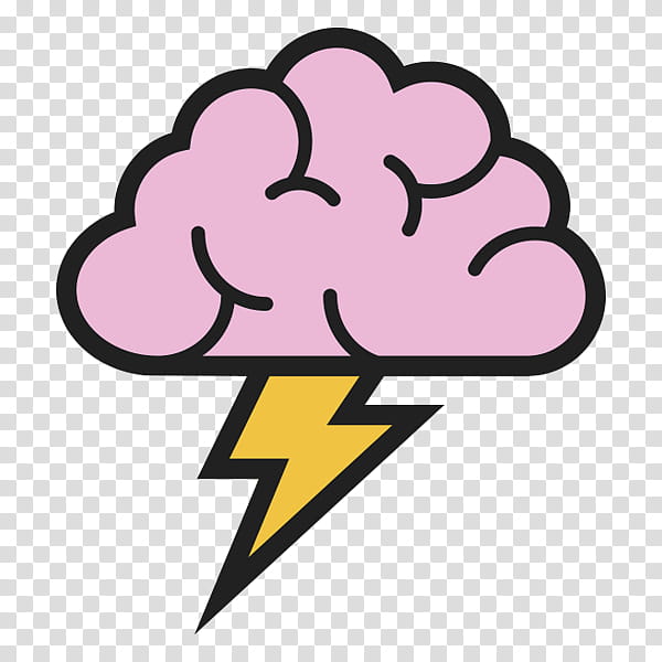 Pink brain with yellow lightning bolt symbolizing sudden insight or idea strike.