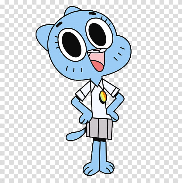 Blue cartoon cat character with large eyes, wearing a white shirt and gray skirt, standing confidently with hands on hips.