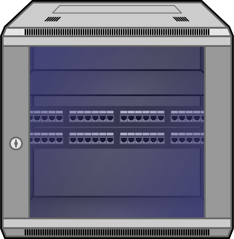 Gray network rack cabinet with multiple RJ45 patch panels and ventilation slots.