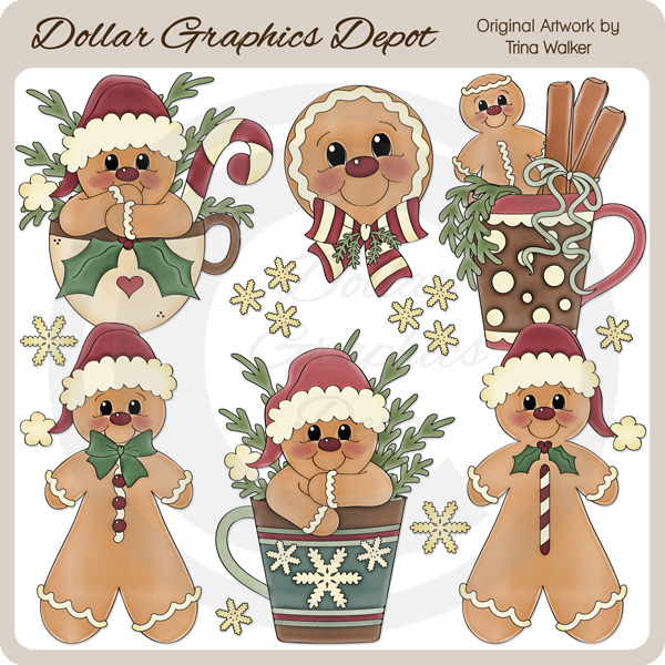 Festive gingerbread characters in holiday attire, including Santa hats, scarves, and mugs with holly and candy canes.