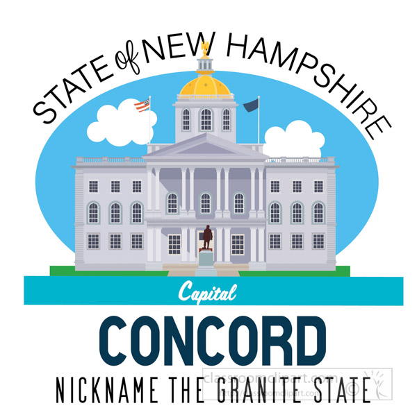 Illustration of New Hampshire State Capitol building in Concord, labeled "The Granite State" with flags and dome.