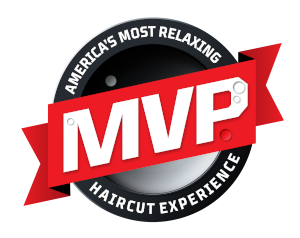 MVP Haircut Experience logo-red ribbon with "MVP" over circular badge stating "America's Most Relaxing Haircut Experience"