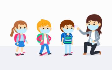Teacher and three masked children standing together in a classroom setting, promoting health safety.