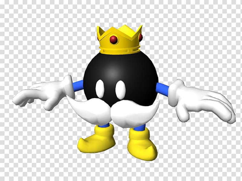 King Bob-omb, a black spherical character with a yellow crown, white mustache, blue arms, and yellow boots, posed with open arms.