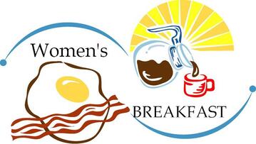 Women's Breakfast logo featuring a sunny-side-up egg, bacon, coffee pot pouring into a mug, and sunburst background.