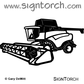 Black-and-white line art illustration of a modern combine harvester with operator cabin and front header.