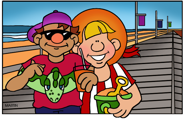 Two smiling cartoon kids on a boardwalk, one holding a drink and toy bucket, the other with a dinosaur plushie.
