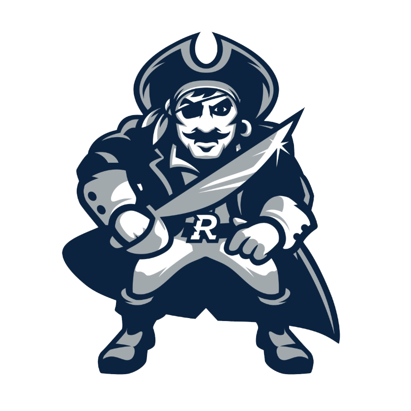 Stylized navy-blue pirate mascot with eye patch, tricorn hat, and cutlass, featuring a bold 'R' on chest.