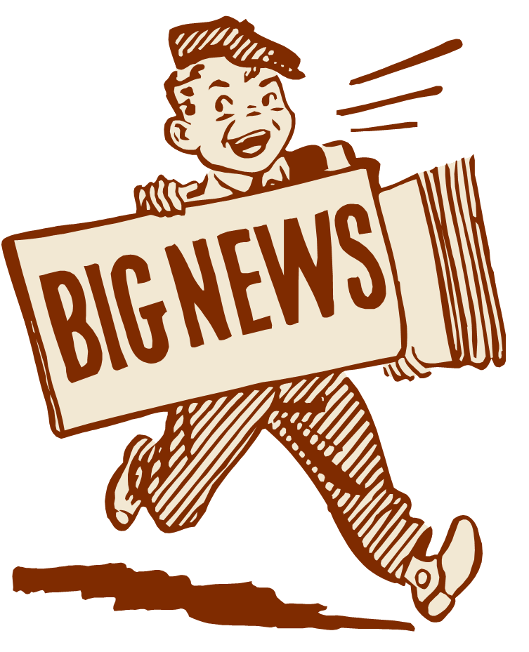 Vintage-style illustration of a smiling newsboy running while holding a "BIG NEWS" sign and stack of newspapers.