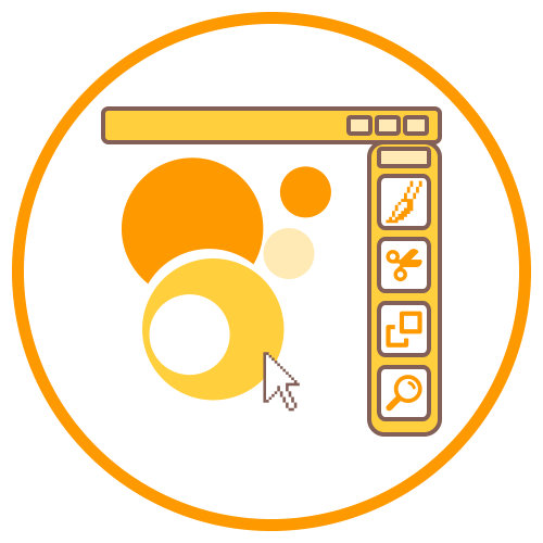 Graphic icon of a browser window with editing tools, shapes, and a cursor for design or content editing interface.