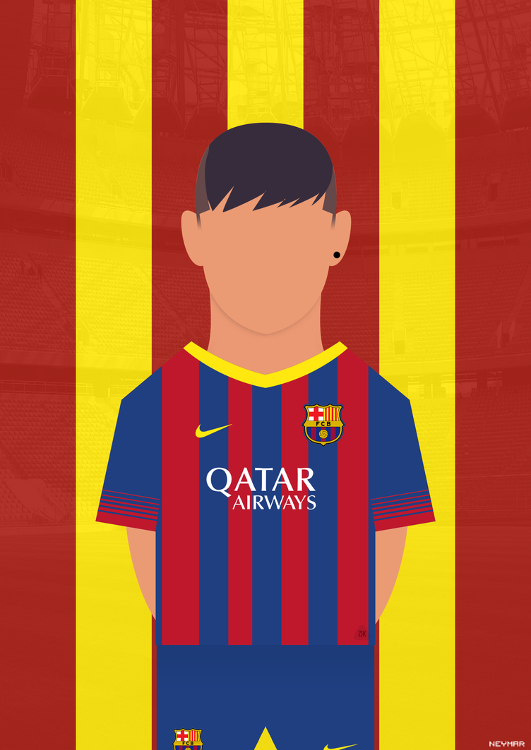 Minimalist illustration of a Barcelona FC player in 2015-16 home kit with Qatar Airways sponsorship, red-and-blue stripes, and Camp Nou backdrop.